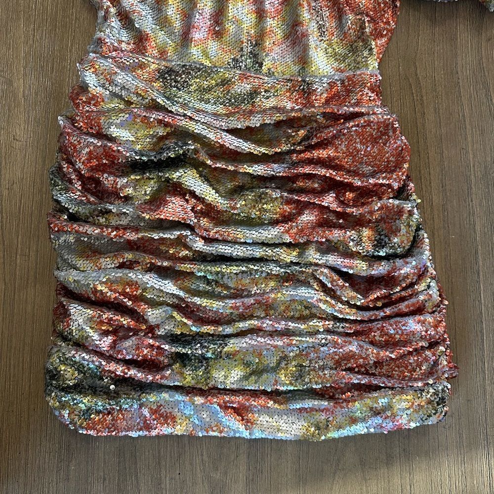 Ronny Kobo Multicolor Sequin Mini Dress One Shoulder Ruched Bodycon Large - Picture 10 of 14